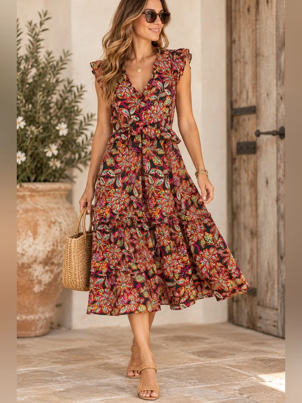 J.Crew Size 8 Floral Ruffle V-Neck Tiered Dress Multicolor